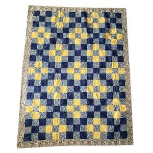 Vintage handmade patchwork quilt throw blanket yellow blue checkered floral